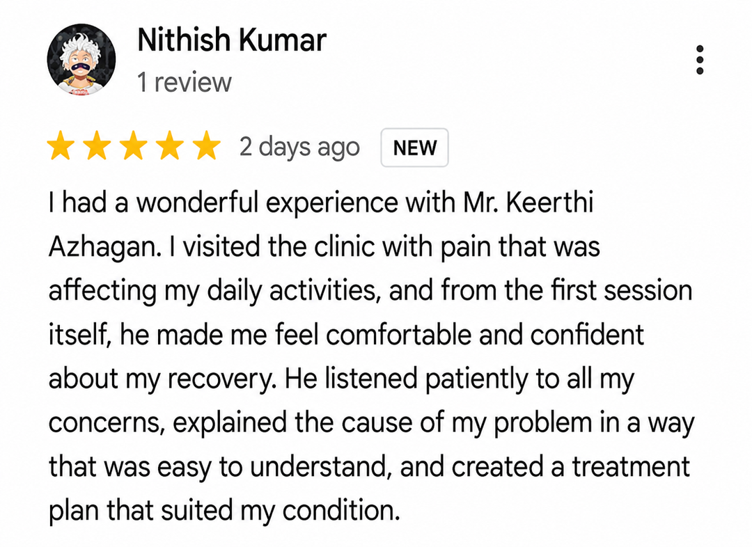 Google review from a satisfied patient at Static Physio Choolaimedu